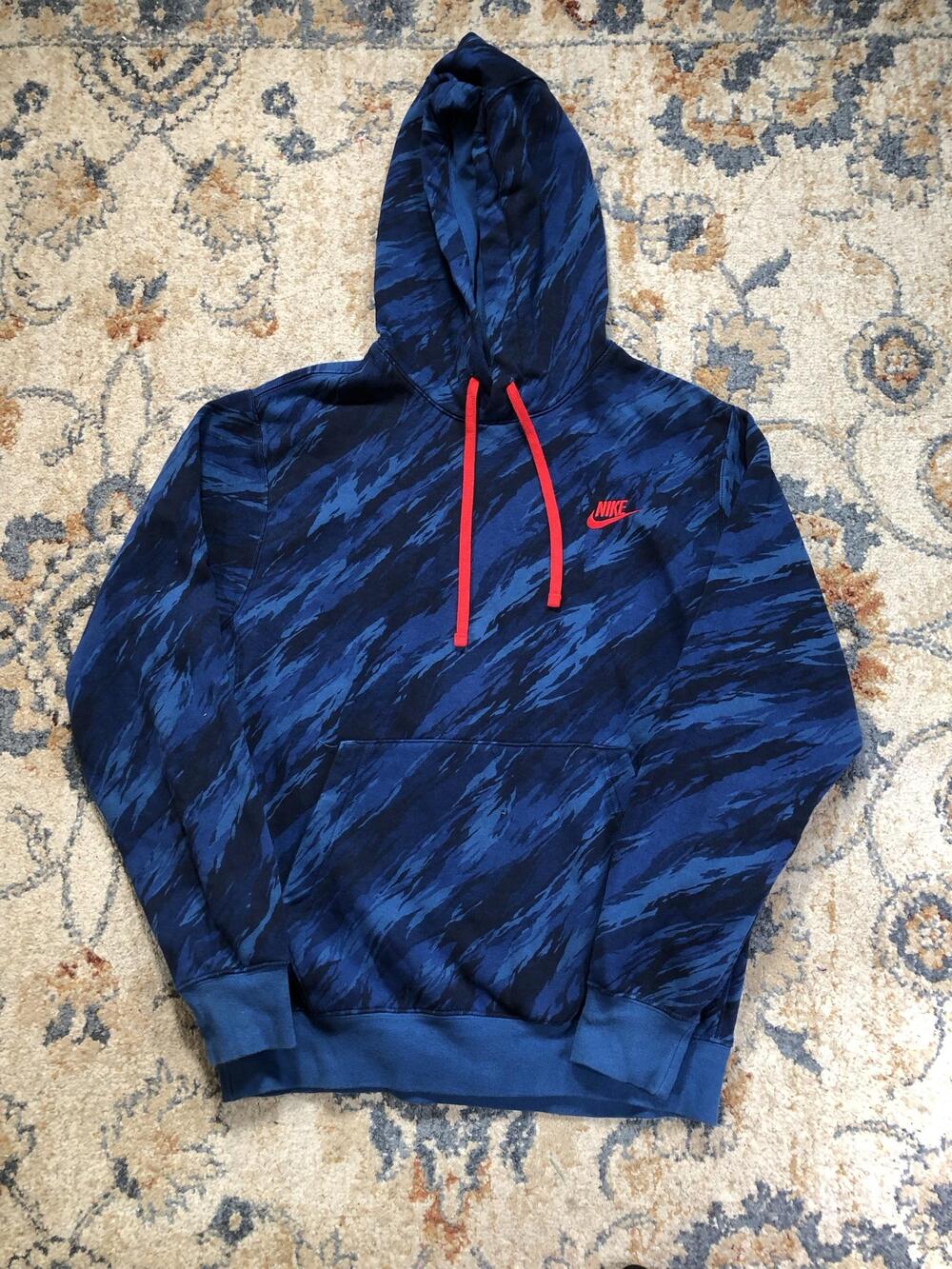 Nike Hoodie Sweatshirt Mens Small Blue Camo Fleece Pullover Kangaroo Logo